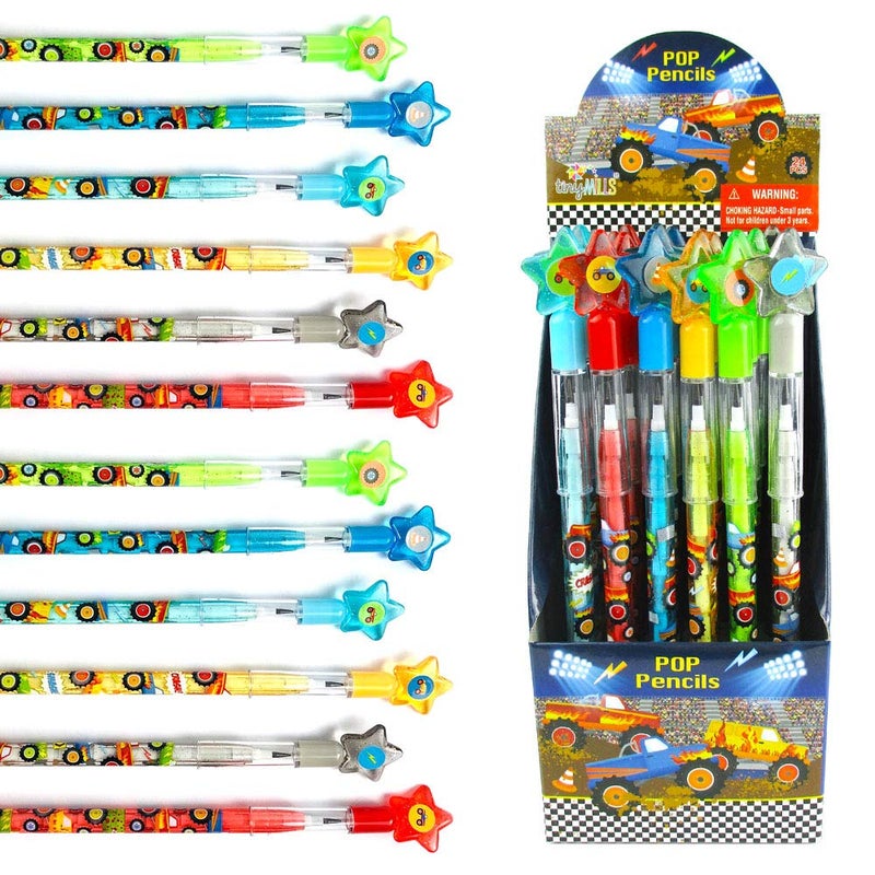 TINYMILLS 24 Pcs Monster Truck Multi Point Stackable Pencil with Eraser for Monster Truck Birthday Party Favor Prize Carnival Goodie Bag Stuffers Classroom Rewards Pinata Fillers - Image 1